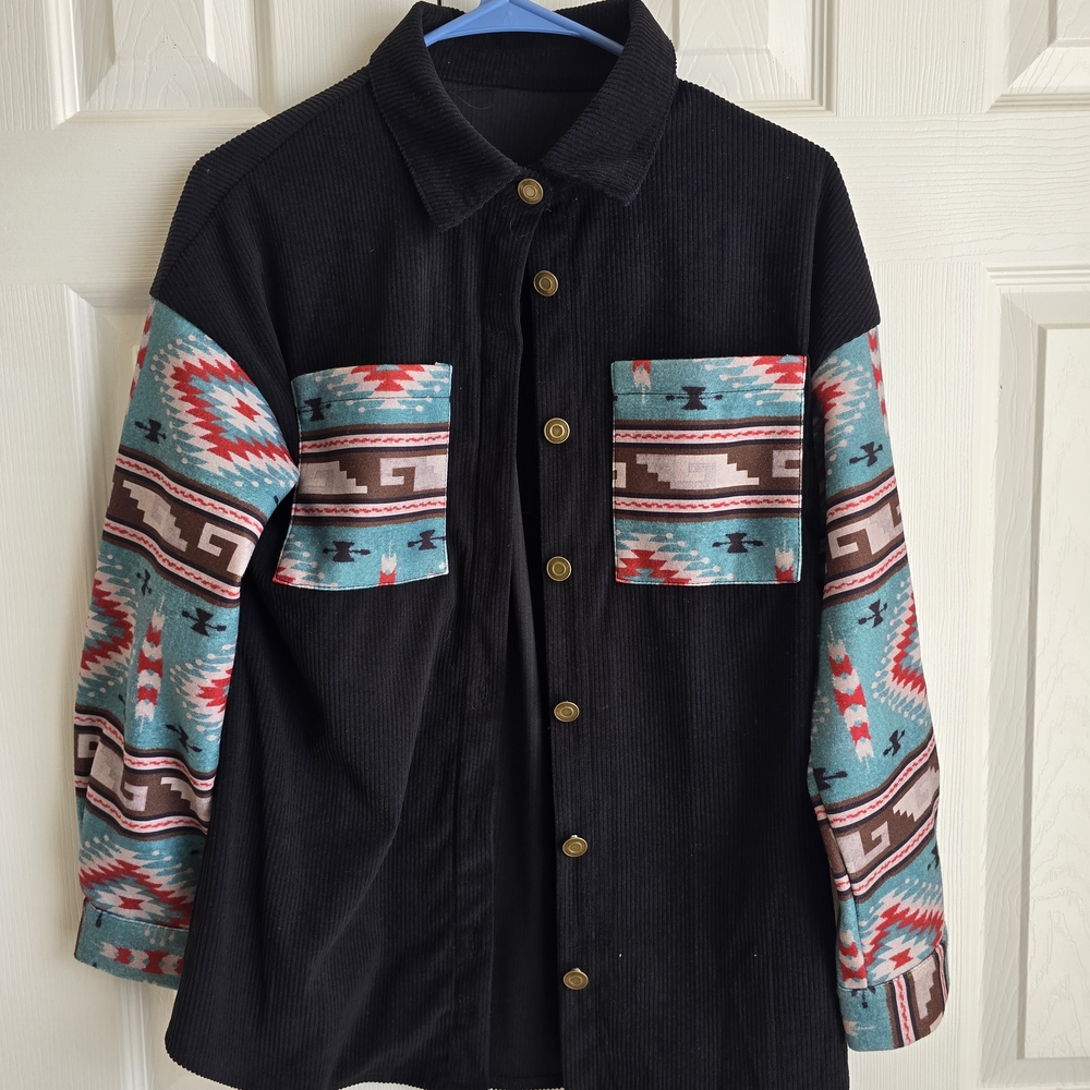 Black Corduroy Jacket with Aztec Pattern Sleeves